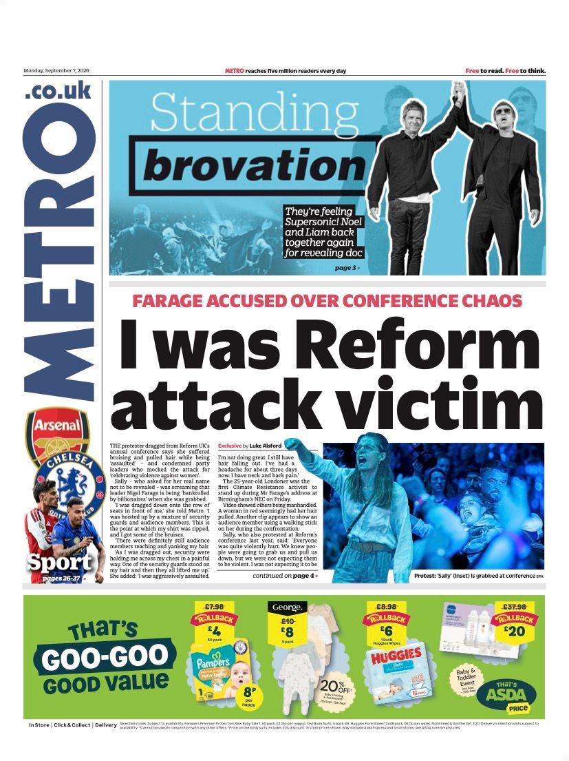 "I was Reform attack victim" reads the headline on the front page of the Metro.