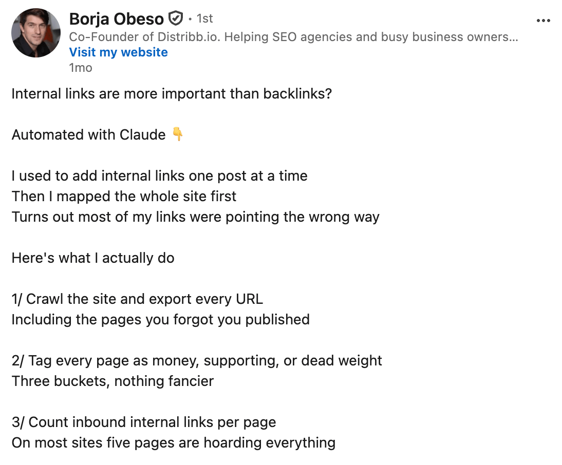 Borja Obeso LinkedIn post on automating internal linking with Claude, listing crawl, tag pages, and count inbound links steps