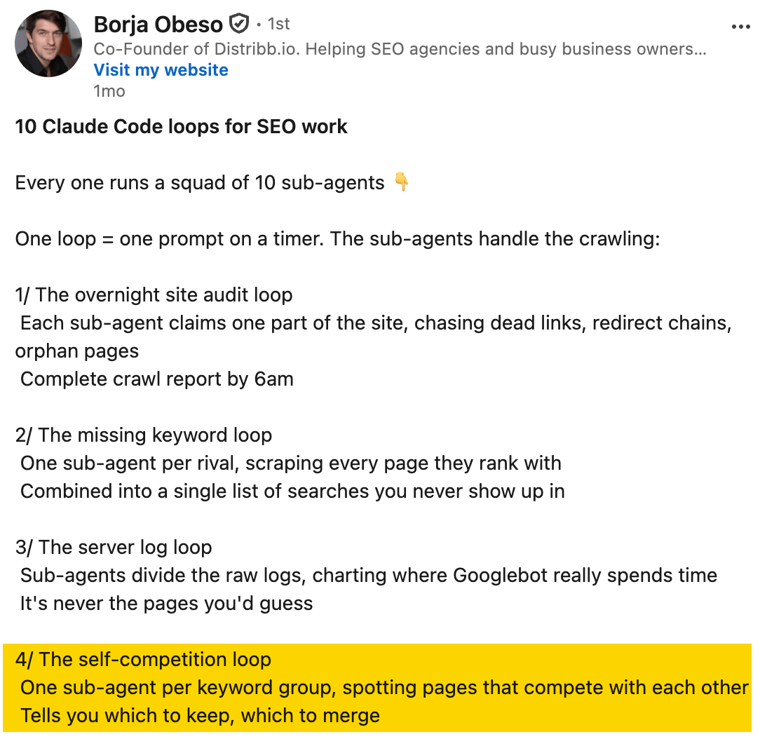 Borja Obeso LinkedIn post listing Claude Code SEO loops, with the self-competition loop highlighted in yellow