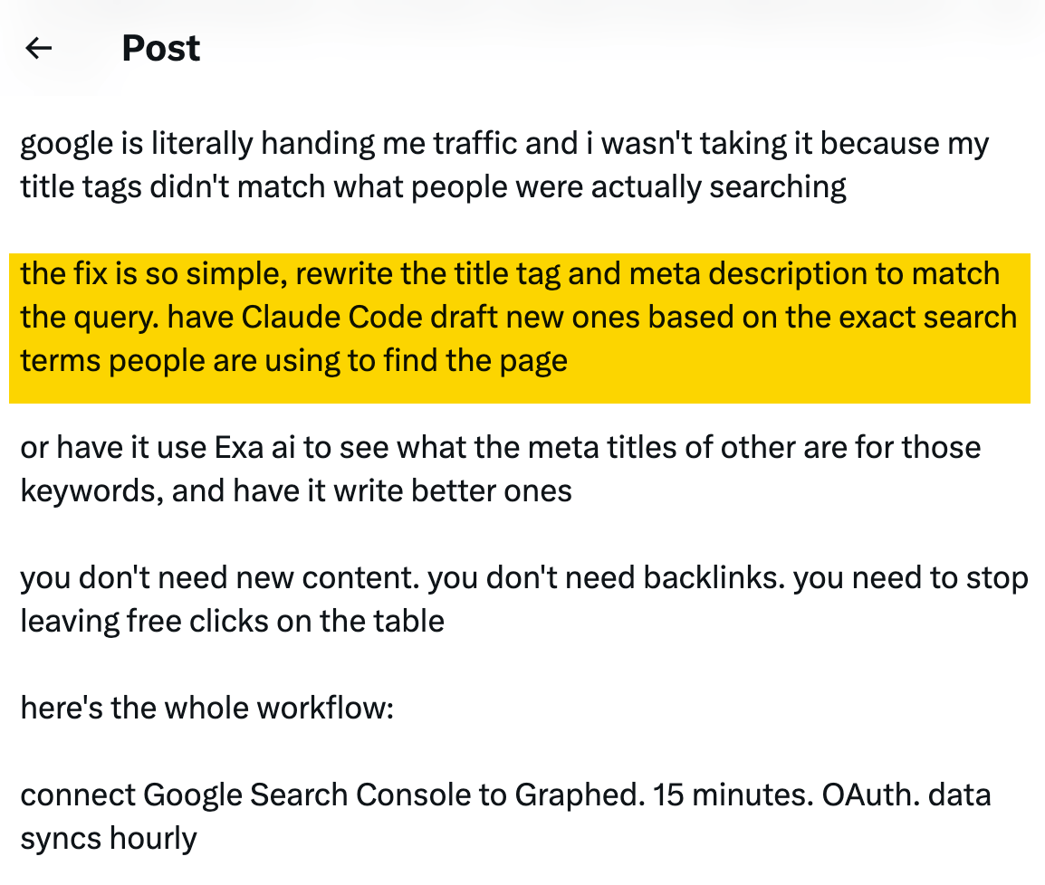 X post advising to rewrite title tags and meta descriptions with Claude Code to match search queries