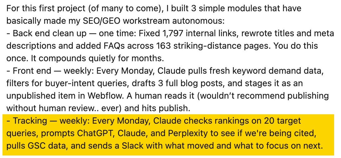LinkedIn post describing three Claude modules, with the weekly tracking step highlighted: rankings, AI citations, GSC data, Slack summary