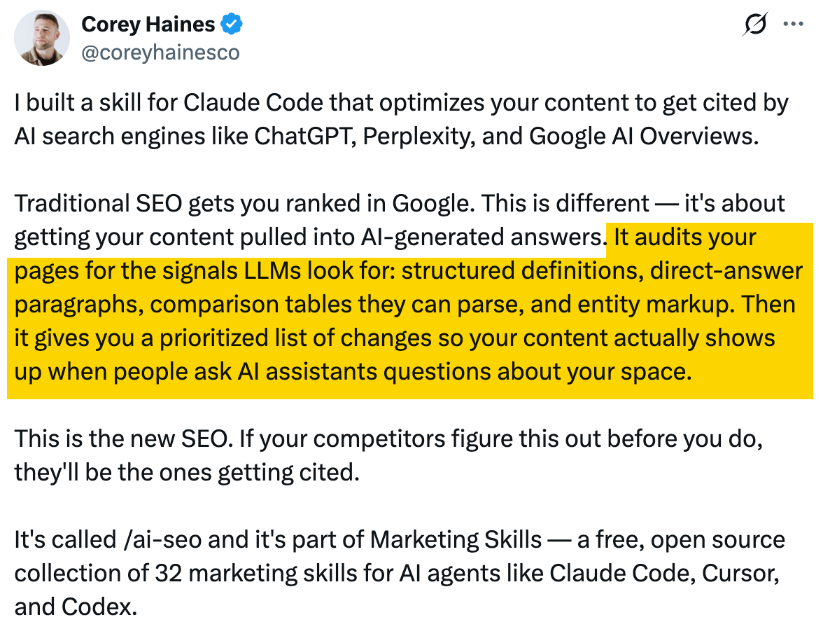 Corey Haines' X post announcing his /ai-seo Claude Code skill for getting content cited by AI search
