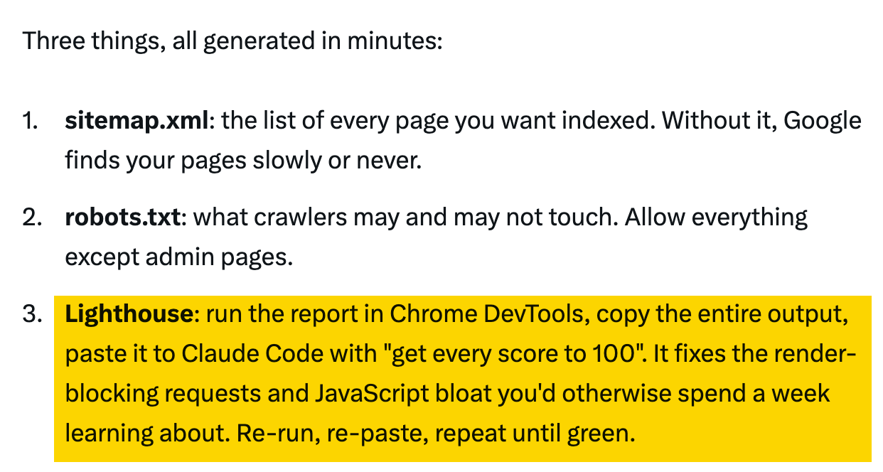 Post listing sitemap.xml, robots.txt and Lighthouse, with the Lighthouse step highlighted: paste report into Claude Code and repeat
