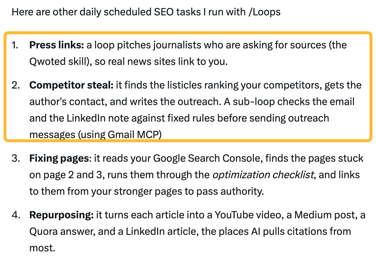 Post listing daily /Loops SEO tasks, with press links and competitor steal outreach loops highlighted