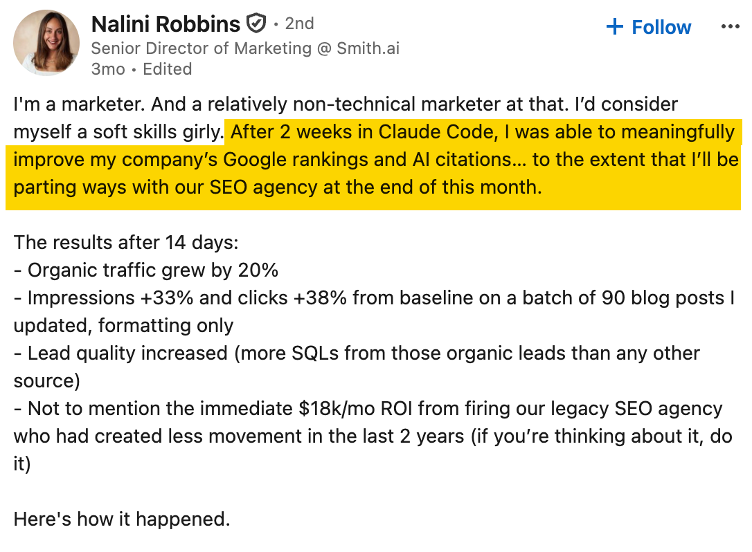 Nalini Robbins LinkedIn post reporting traffic, impressions and click gains after two weeks using Claude Code for SEO