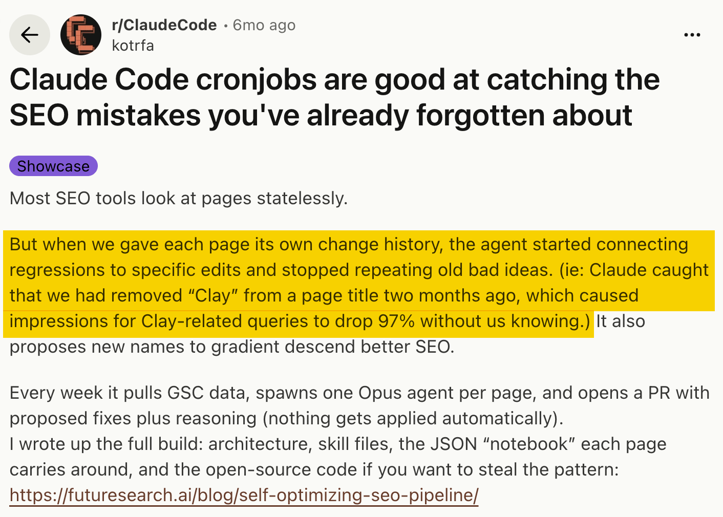 Reddit post by kotrfa in r/ClaudeCode highlighting Claude catching a removed page-title word that caused a 97% impressions drop
