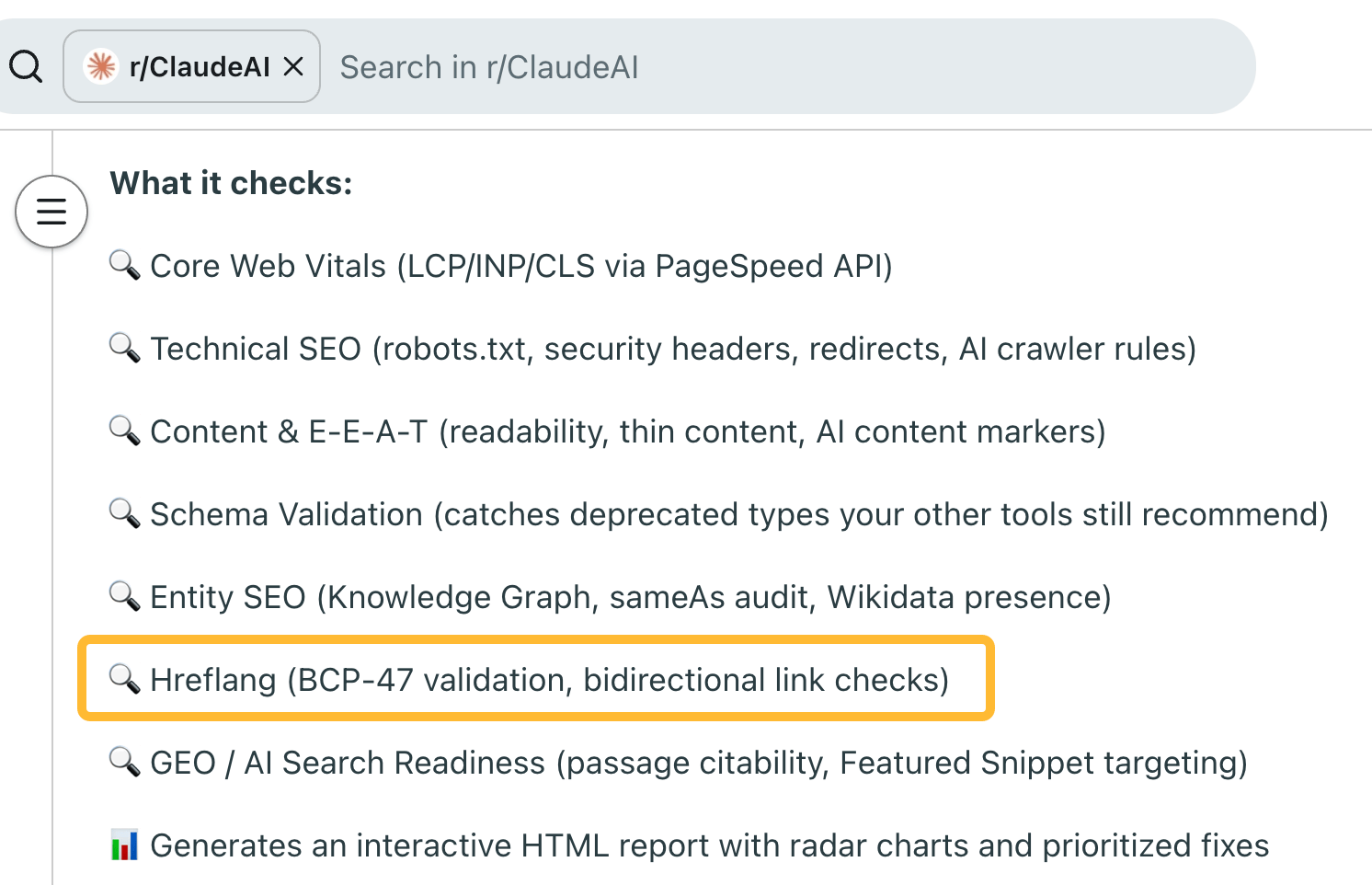 Reddit r/ClaudeAI post listing SEO audit skill checks, with the Hreflang bidirectional link validation item highlighted