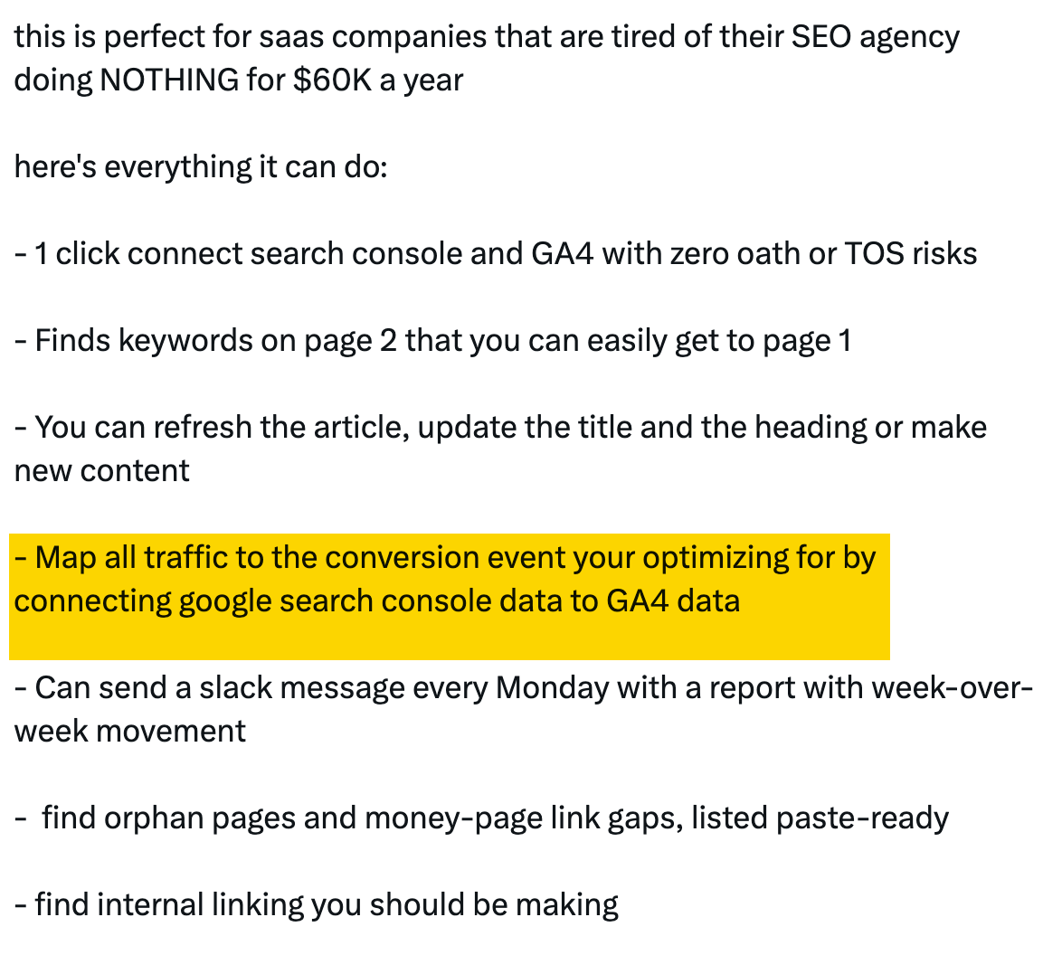 X post listing SEO tool features, with highlighted line about mapping Search Console and GA4 data to conversion events