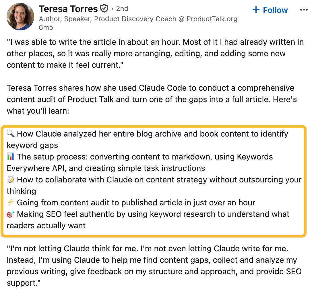 Teresa Torres LinkedIn post describing using Claude Code for a content audit, with key learnings highlighted