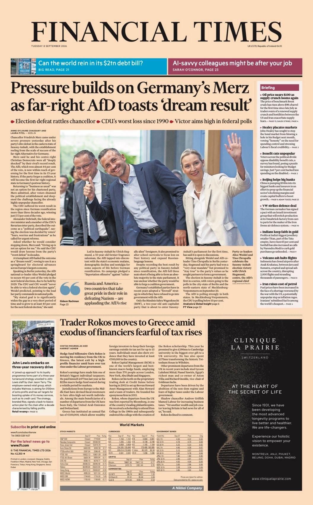 "Pressure builds on Germany's Merz as far-right AfD toasts 'dream result'," reads the headline on the front page of the Financial Times.