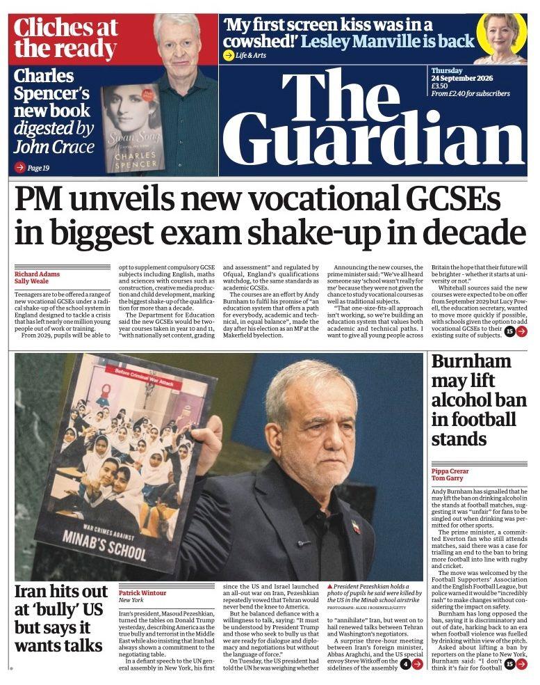 The headline on the front page of the Guardian reads: “PM unveils new vocational GCSEs in biggest exam shake-up in decade”.
