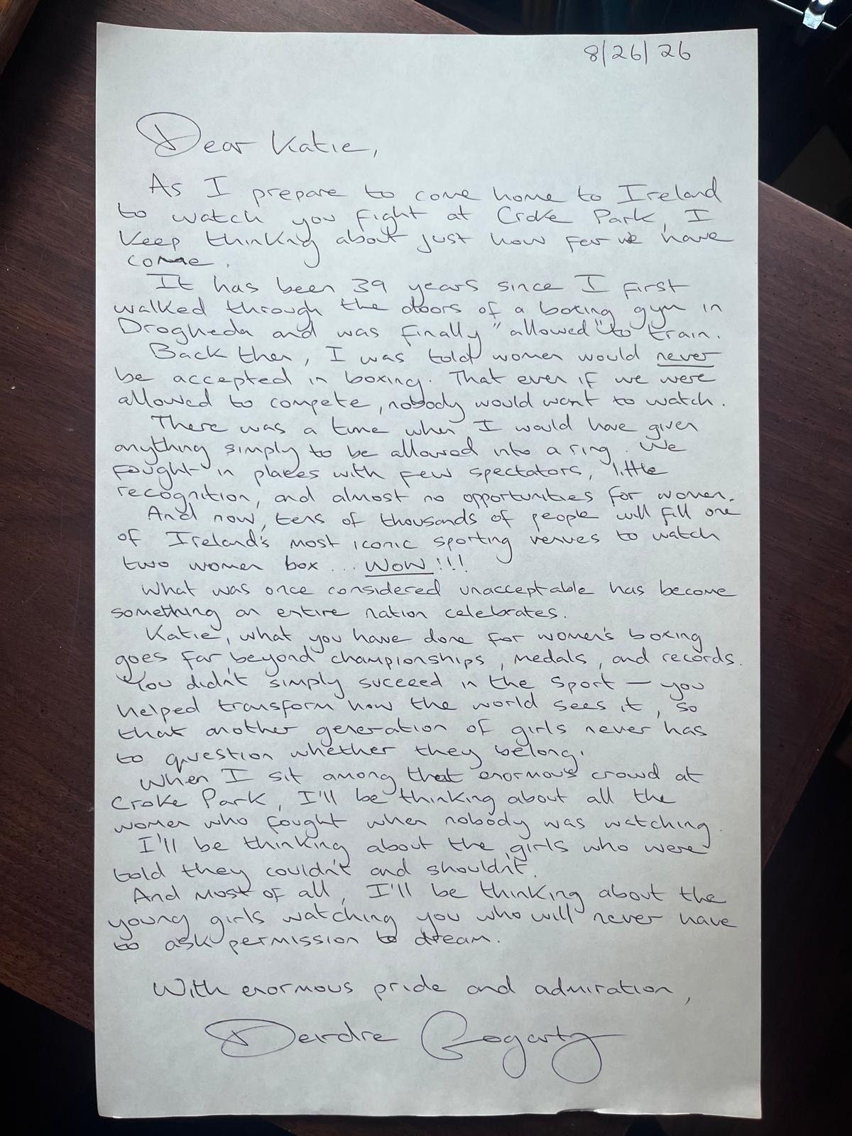 A handwritten letter from Deirdre Gogarty to Katie Taylor