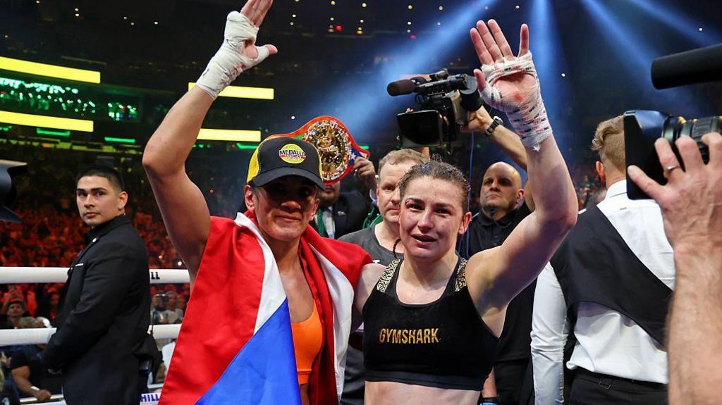 Amanda Serrano and Katie Taylor embrace after their fight at Madison Square Garden