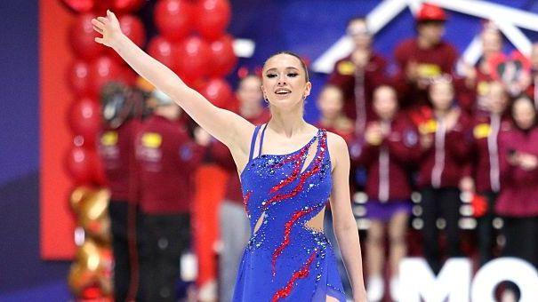 Kamila Valieva salutes the crowd after performing at the Channel One Figure Skating Cup in 2026