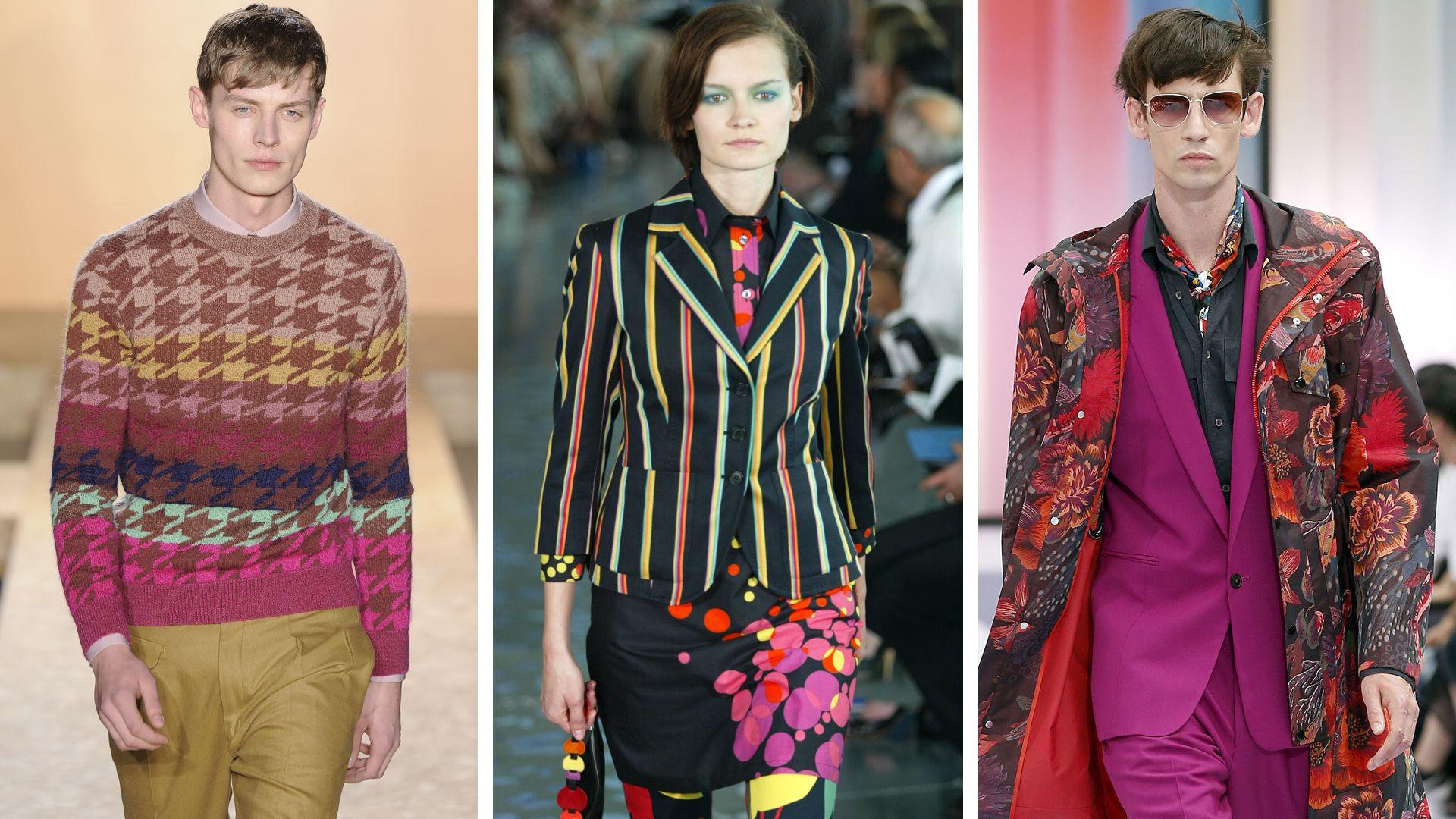 A three-way split showing three models (two male and one female, centre) wearing colourful Paul Smith designs on the catwalk
