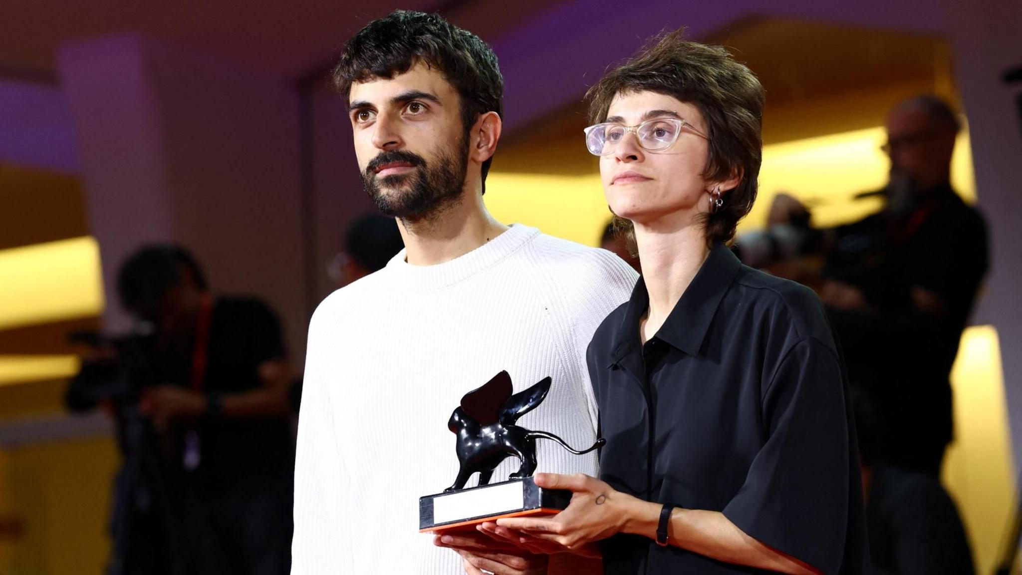 Directors Yuval Abraham and Rachel Szor hold the Special Jury Award for their documentary film, Naza, during the closing ceremony of the 83rd Venice International Film Festival, Italy (12 September 2026)