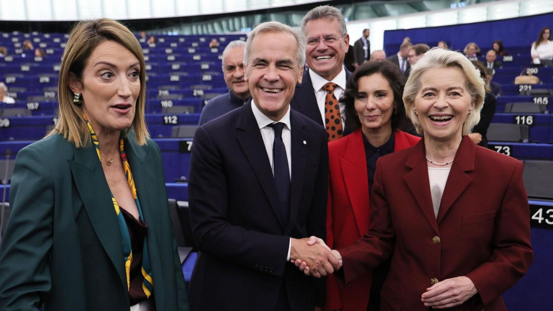 European Parliament President Roberta Metsola (L), Canada's Prime Minister Mark Carney (2-L) and European Commission President, Ursula von der Leyen (R) arrive at the Parliament building at the European Parliament in Strasbourg, France, 17 September 2026. The current plenary session runs from 14 until 17 September 2026. European Parliament session in Strasbourg, France - 17 Sep 2026