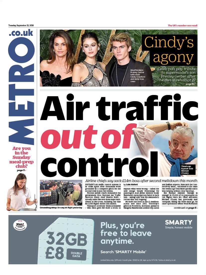 "Air traffic out of control" reads the headline on the front page of Metro.