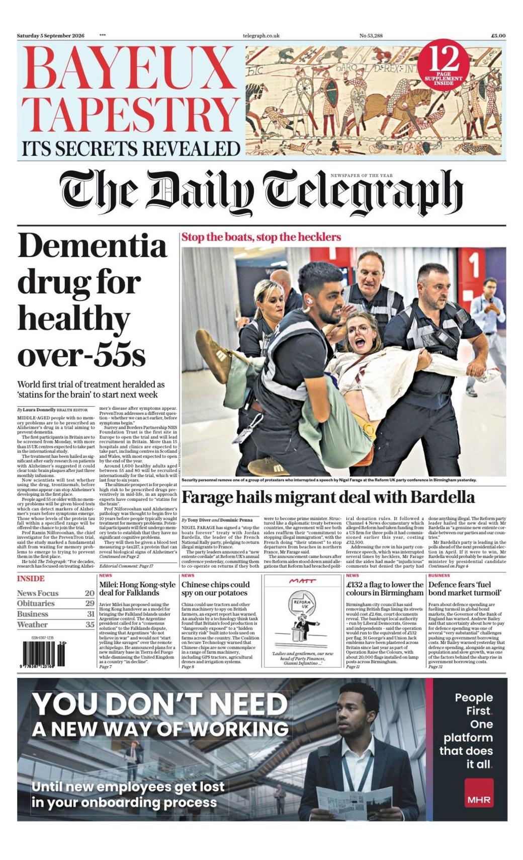 The headline on the front page of the Daily Telegraph reads: “Dementia drug for healthy over-55s”.