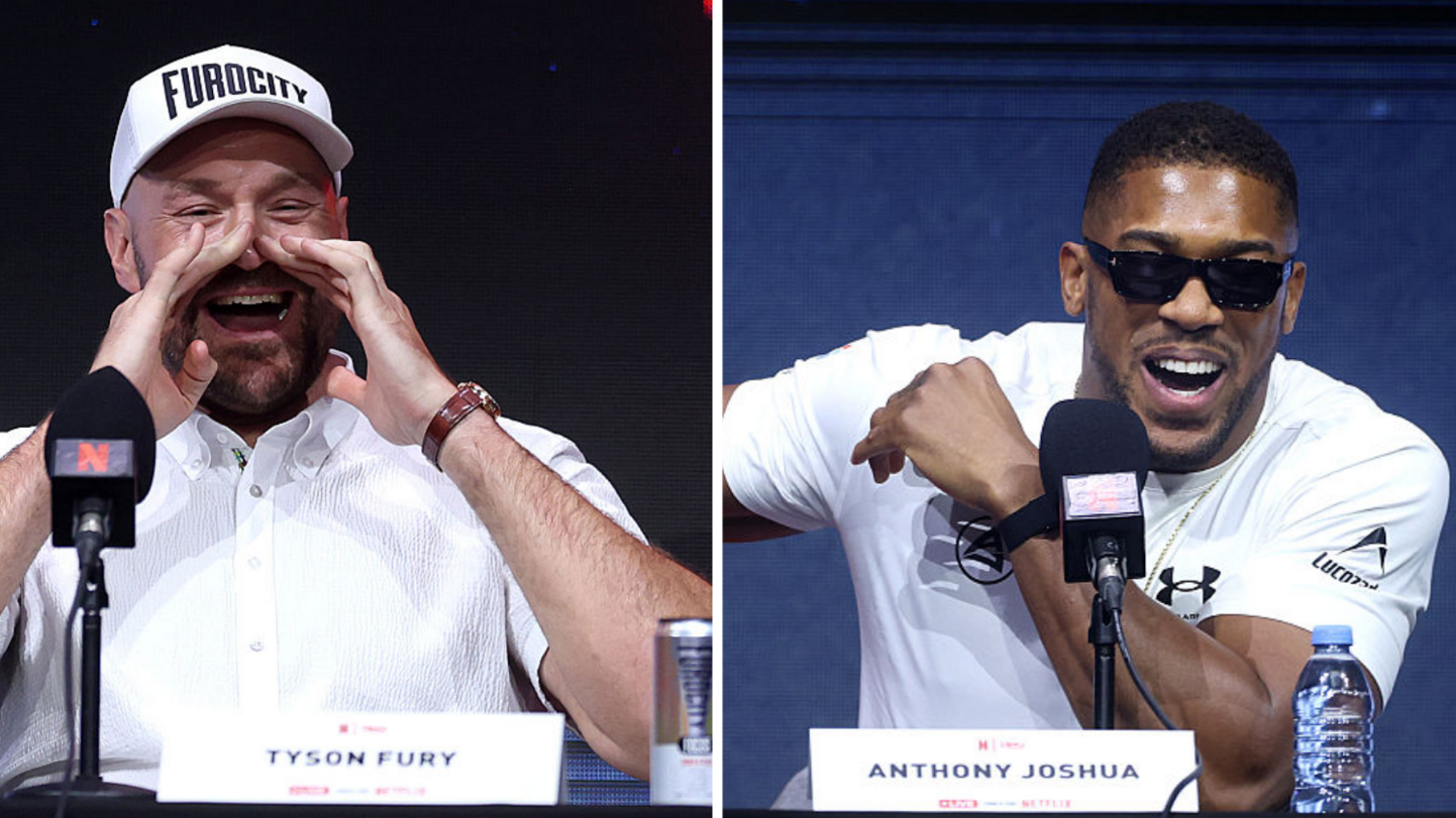 Tyson Fury holds his hands to his mouth and Anthony Joshua laughs