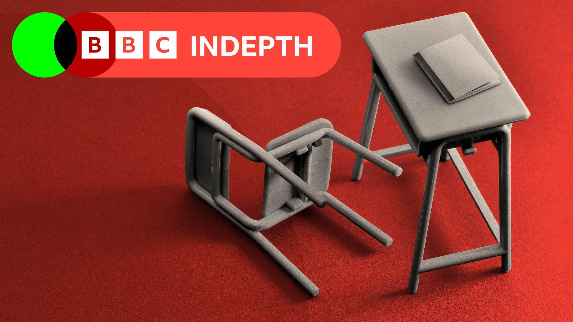 A treated image of a desk with a chair toppled over