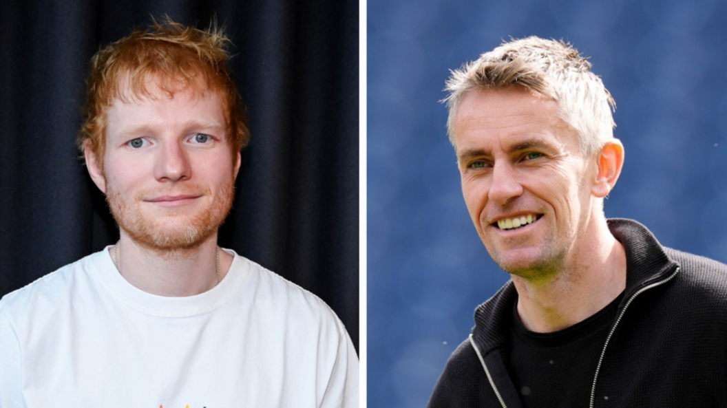Ed Sheeran wearing a white T-shirt and standing in front of a black background. Kieran McKenna smiling while wearing a black top over a black T-shirt.