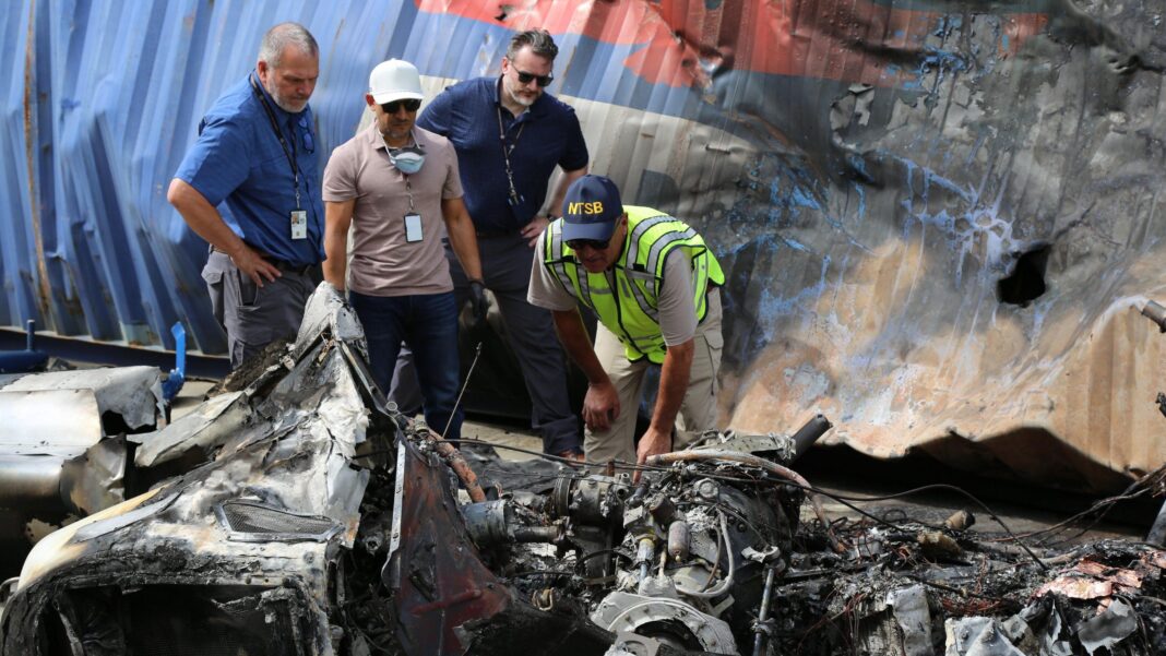 Photos show charred wreckage from deadly crash of news helicopter in LA The National Transportation Safety Board released photos of the aftermath of the Los Angeles helicopter crash that killed three people.