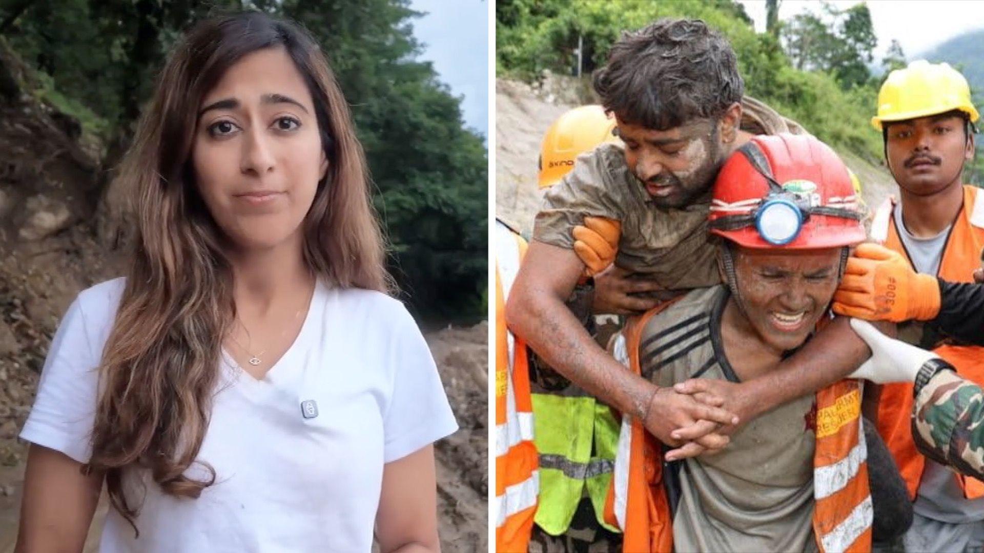 (Left) Azadeh Moshiri in Nepal, (Right) Rescuers wearing hard hats and high visibility jackets carry a rescued man.