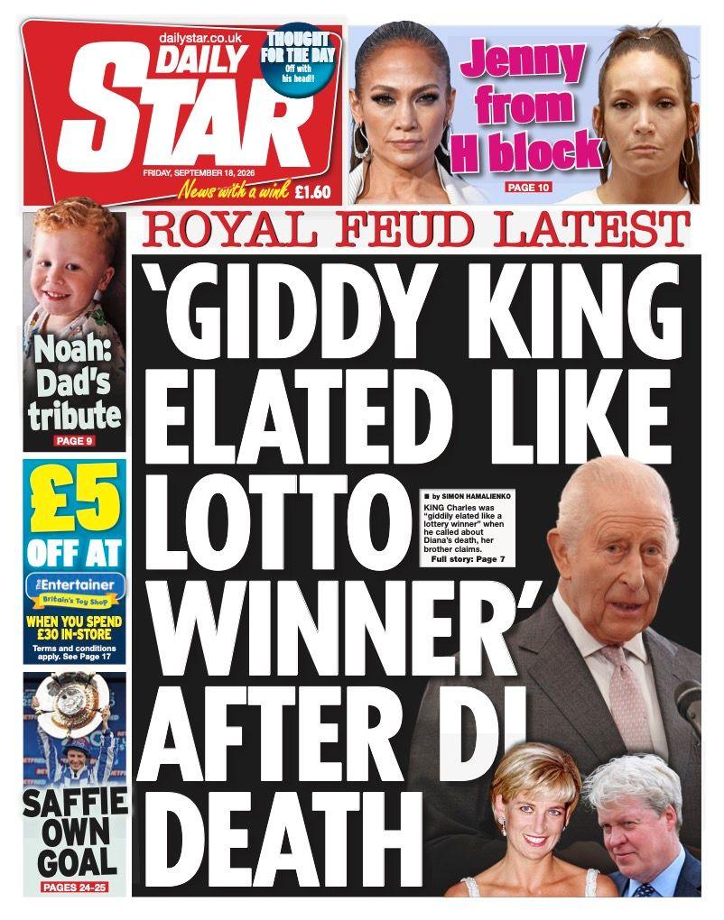The headline on the front page of the Daily Star reads: '"Giddy King elated like Lotto winner" after Di death.'