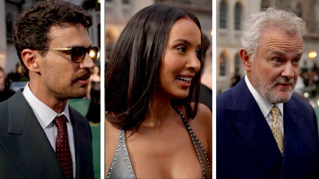 Theo James, Maya Jama and Hugh Bonneville from Netflix series The Gentlemen