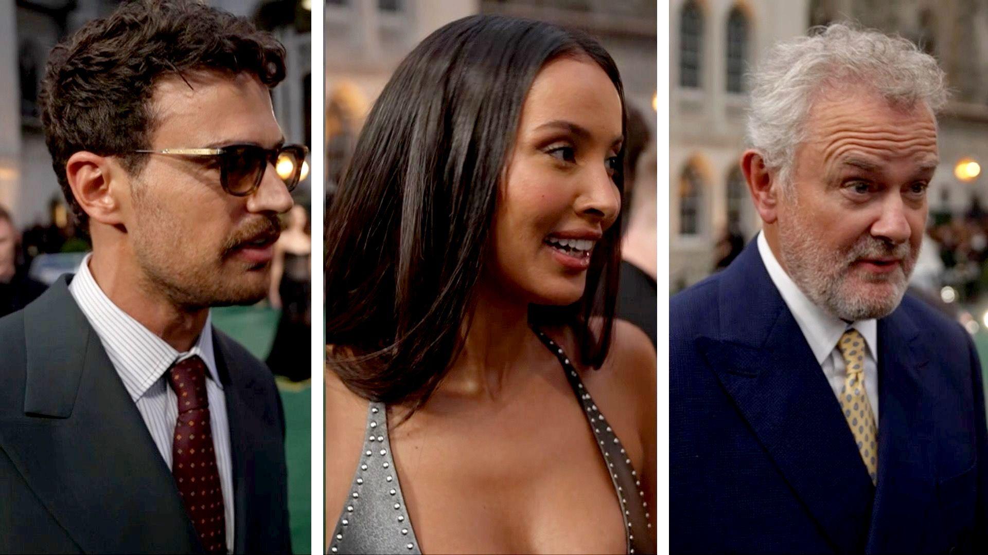 Theo James, Maya Jama and Hugh Bonneville from Netflix series The Gentlemen