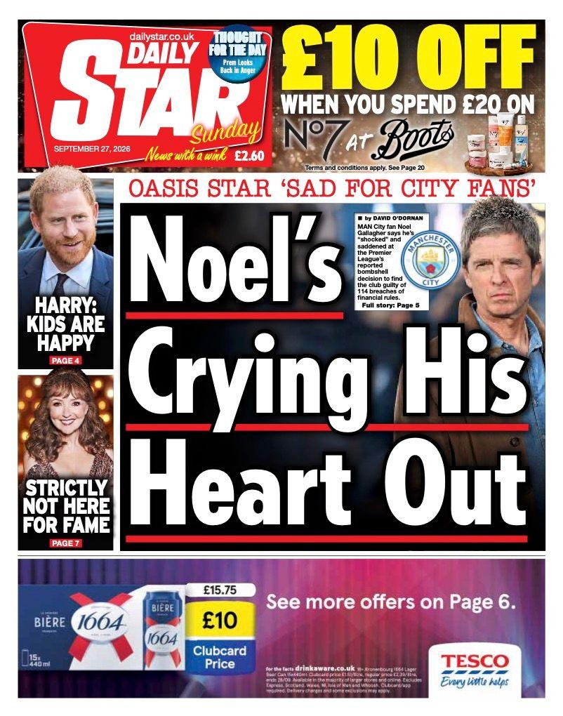 The headline on the front page of the Daily Star reads: 'Noel's crying his heart out.'