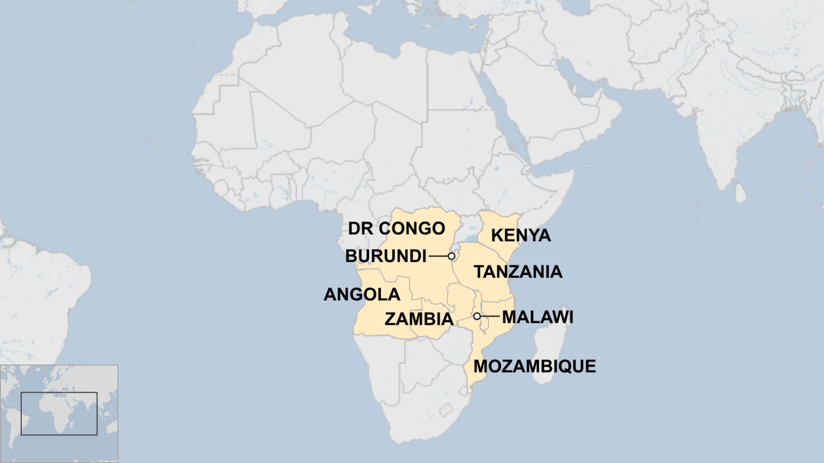 A map of Africa with Angola, Burundi, DR Congo, Kenya, Malawi, Mozambique and Zambia marked in yellow