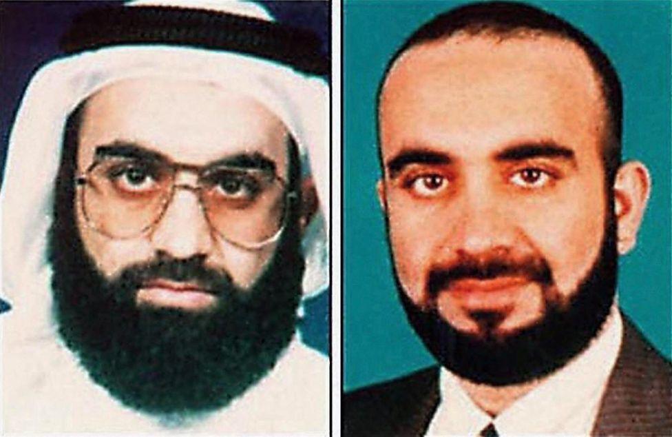 This is a composite FBI image containing two undated images side by side of  Khalid Sheikh Mohammed. On the left he has a big black beard, a headscarf and glasses. On the right he has a bare head with dark hair and a dark beard, wearing a suit.