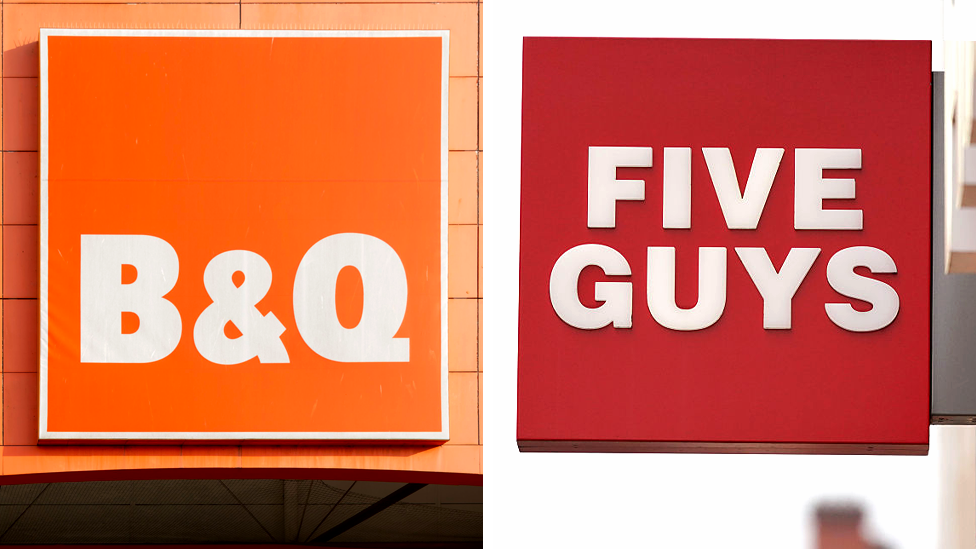 A composite image of B&Q signage on the left and Five Guys signage on the right.