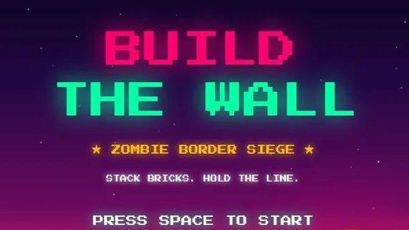 A screenshot from the Build The Wall minigame, against a pink and purple background we see the neon pink and green the words "Build The Wall", then underneath it in yellow "Zombie Border Siege". Then below in white "Stack Bricks. Hold the Line" and below that "Press Space To Start". An retro-style sun is at the bottom.
