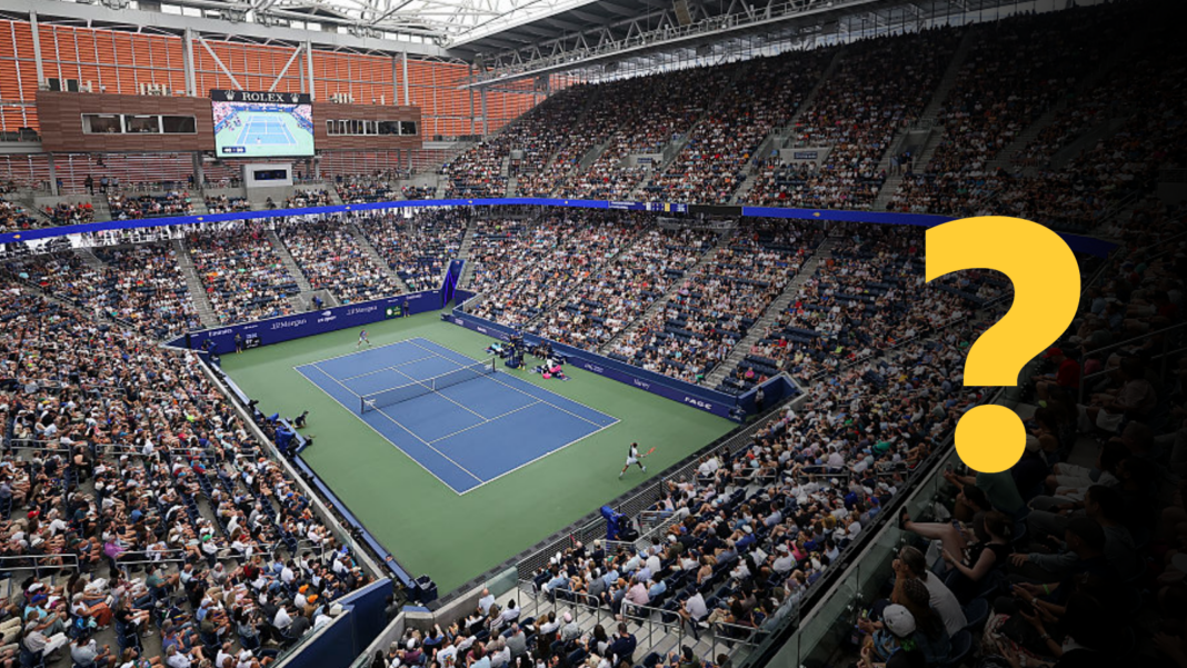 General view of the US Open with BBC Sport question graphic.