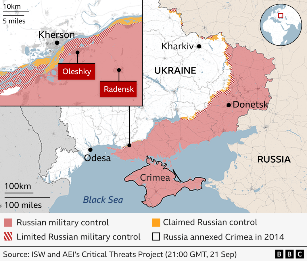 Residents eating garden weeds in Russian-occupied city cut off from food and water Map showing the location of Oleshky and Radensk in Russian-occupied Ukraine. The location of the Ukrainian-controlled city of Kherson is to the north of Oleshky and Radensk, across a river.