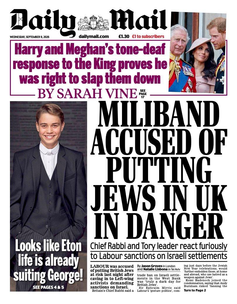 "Miliband accused of putting Jews in UK in danger" reads the headline on the front page of the Daily Mail.