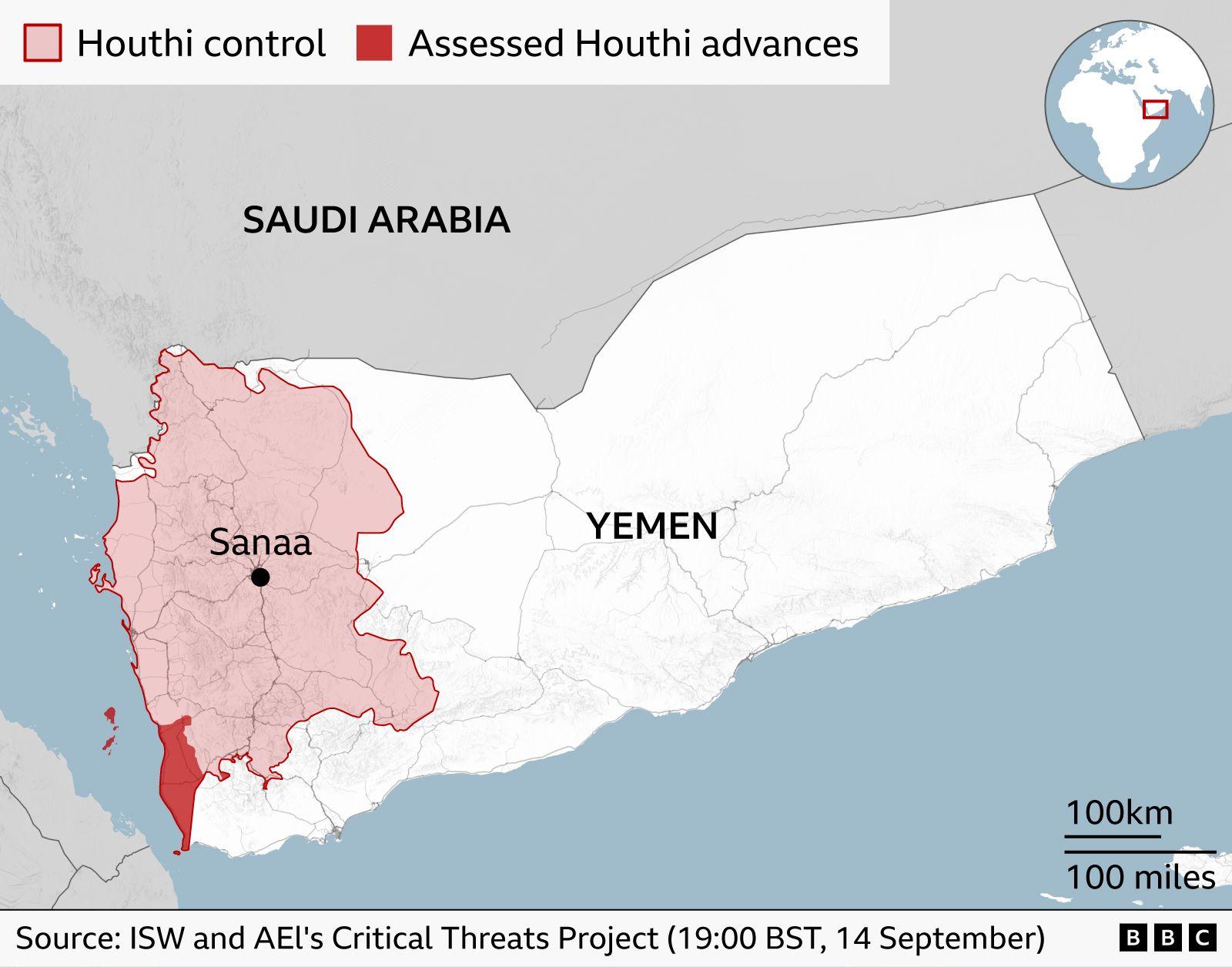 Map of Yemen showing territory controlled by the Houthi movement as well as assessed Houthi advances (14 September 2026)