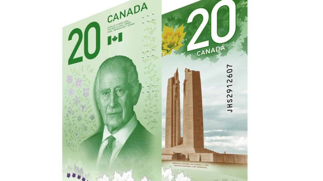 Canada unveils new $20 bill featuring portrait of King Charles An image showing the vertical Canadian banknote showing its front and back. The banknote is green. On the front there is a portrait of King Charles, with floral and leafy motifs around him. Above him is a small Canadian flag, the words CANADA and the number 20 to his left. The back of the note shows the Vimy Ridge monument in France. Above the monument are green maple leafs, the word CANADA and the number 20, both written in white.
