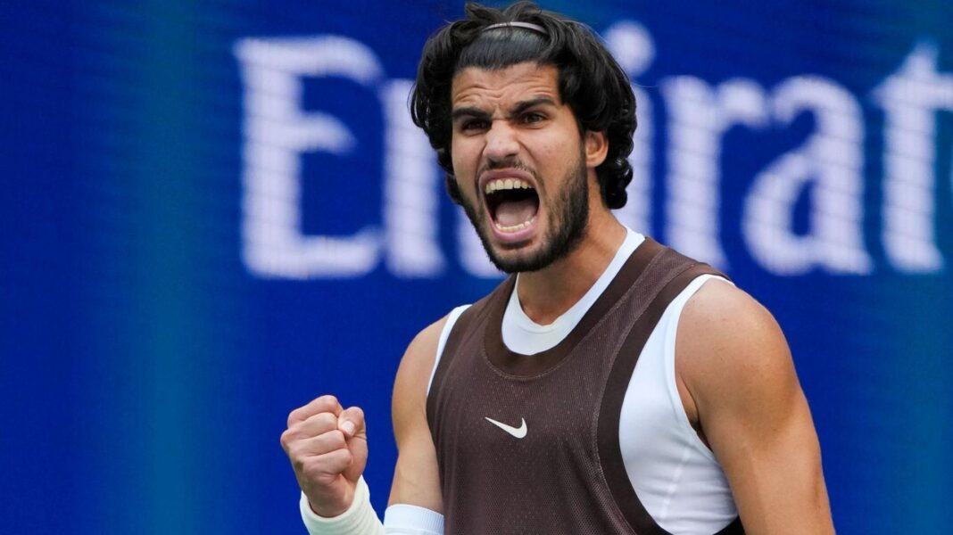 Carlos Alcaraz celebrates after winning his third-round match at the US Open