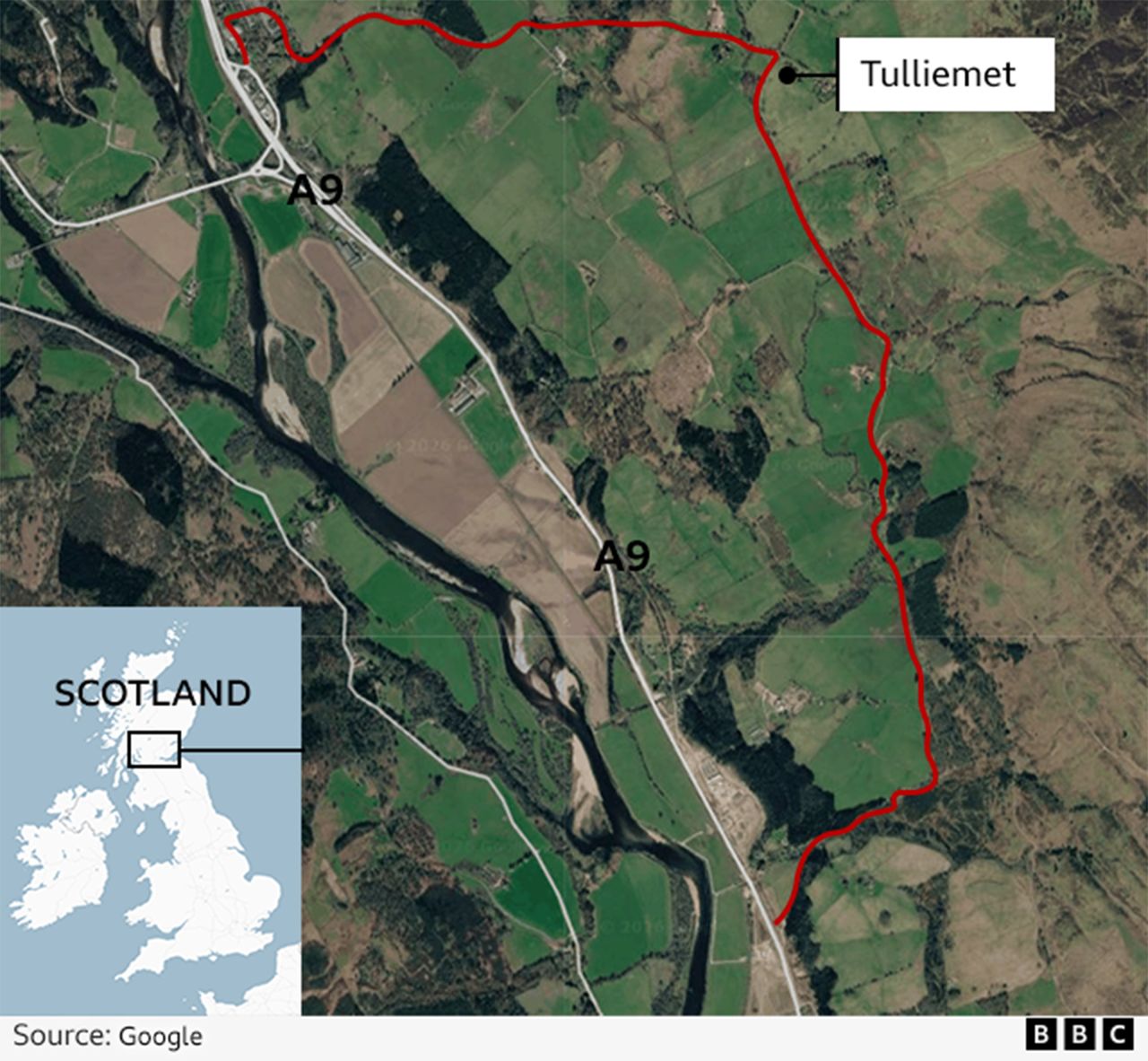 Map showing the diversion in red and A9 in white.
