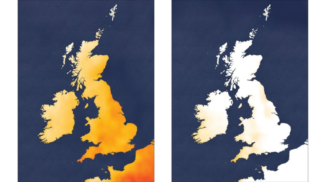UK set to turn cooler as unsettled weather continues Two maps of the UK, the one on the left is coloured orange and the one on the right is white