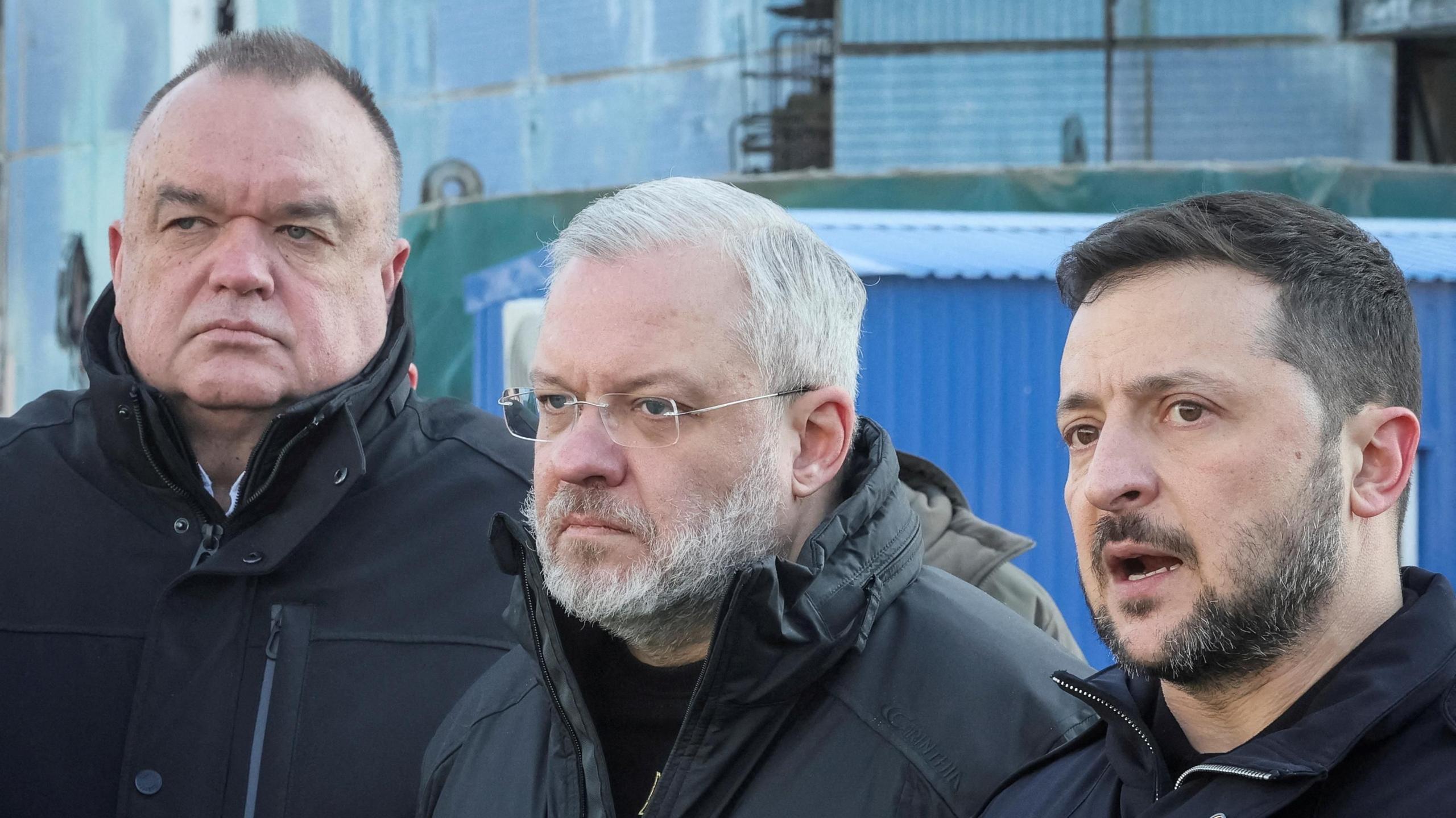 Ukraine's President Volodymyr Zelensky, Ukrainian Energy Minister Herman Halushchenko and head of Ukraine's state nuclear power company Enerhoatom Petro Kotin
