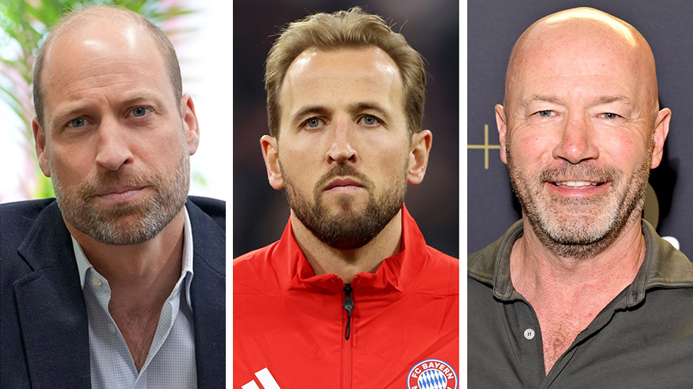 A composite image of headshots of Prince William, Harry Kane and Alan Shearer