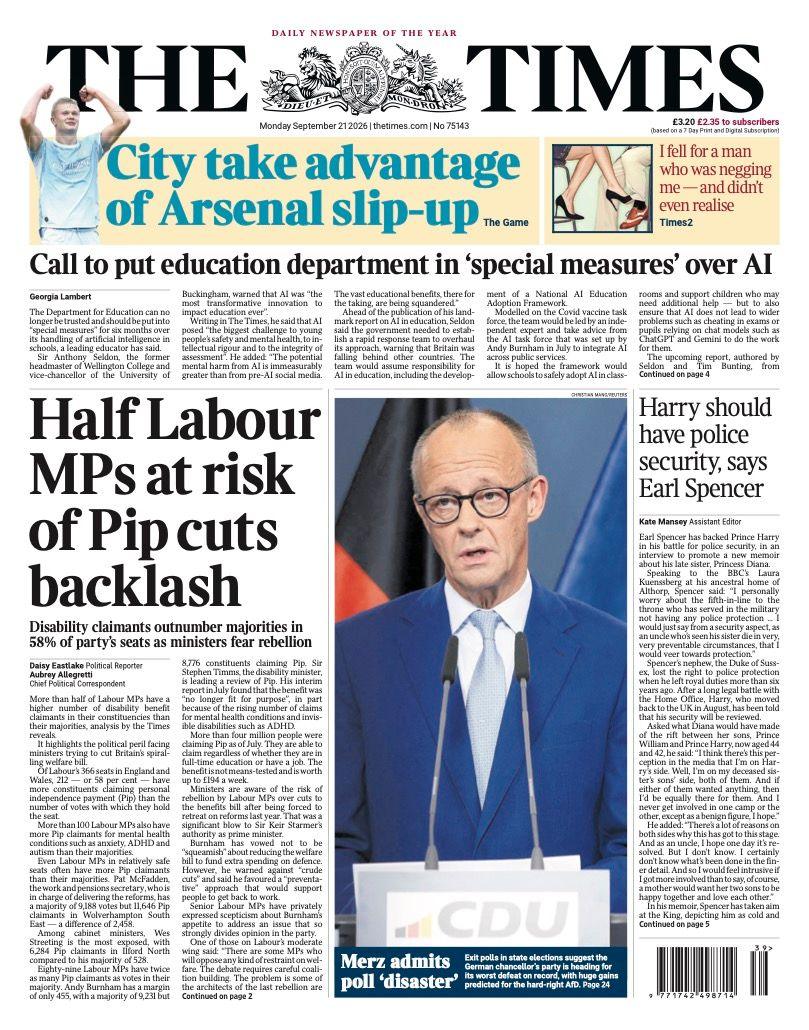"Half Labour MPs at risk of Pip cuts backlash" reads the headline on the front page of the Times.