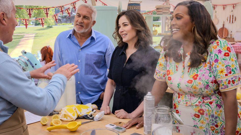 Paul Hollywood, Nigella Lawson and Alison Hammond on the Great British Bake Off, speaking to a contestant