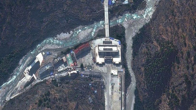 Vantor satellite image shows the area near the Nepal-China border and Rasuwagadhi border post before the devastating floods swept away multiple buildings and vehicles.