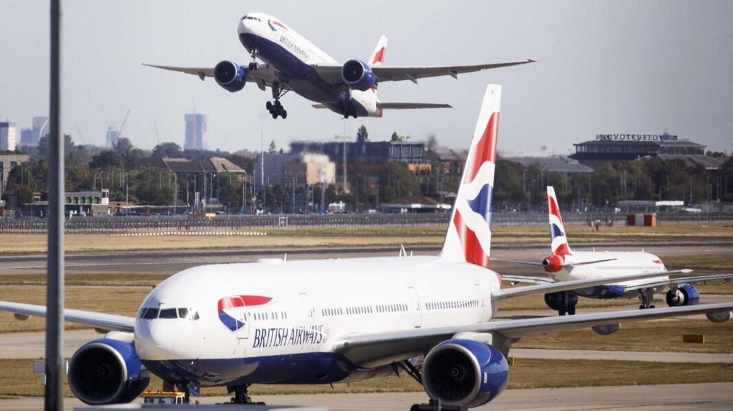Third Heathrow runway should only go ahead if airlines pay for cleaner flying, say advisers Three British Airways aircraft at Heathrow Airport, one is taking off in the distance with London skyline in the background